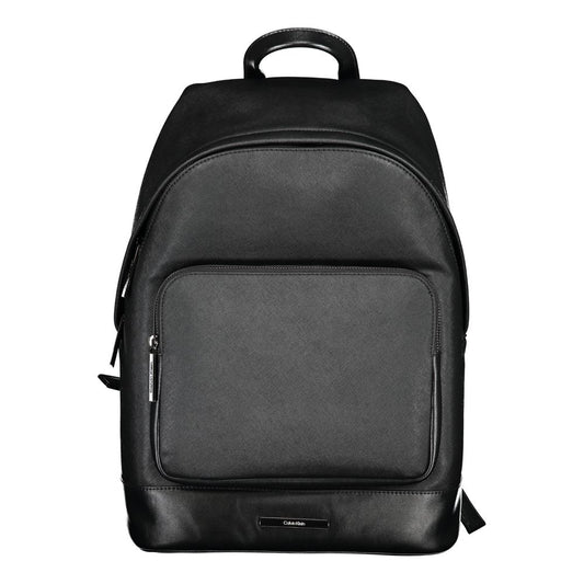 Calvin Klein Black Polyester Backpack with handle, adjustable straps, external pocket, laptop compartment, and zip closure.
