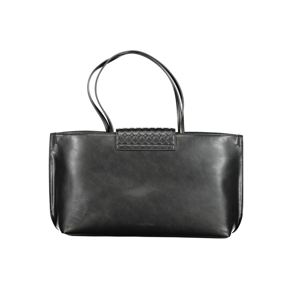 Calvin Klein Black Polyester Handbag with dual shoulder handles, contrast details, magnet closure, and internal pocket.