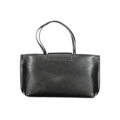 Calvin Klein Black Polyester Handbag with dual shoulder handles, contrast details, magnet closure, and internal pocket.