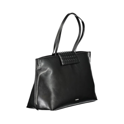 Calvin Klein Black Polyester Handbag with two shoulder handles, internal pocket, contrast details, and magnetic closure.