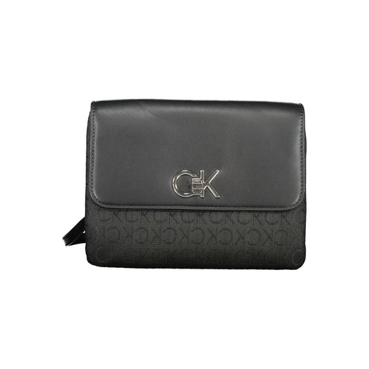 Calvin Klein Black Polyester Handbag with logo, chain handle, adjustable strap, and turn closure, made from 100% recycled polyester.