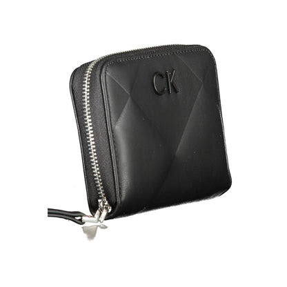 Calvin Klein Black Polyester Wallet with RFID blocking, card spaces, zip closure, and logo detail. Made with 50% recycled polyester.