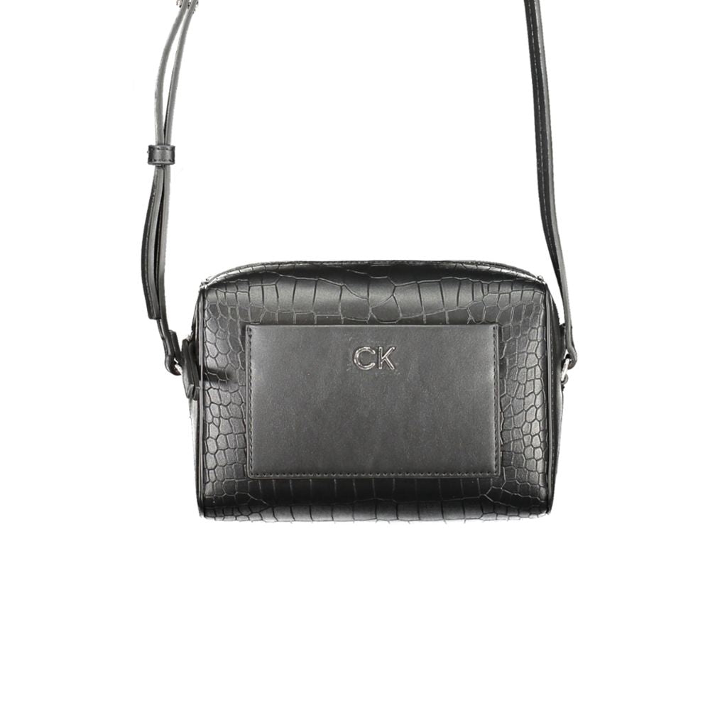 Calvin Klein Black Polyester Handbag with adjustable strap, external pocket, card pocket, zip closure, and logo accents.