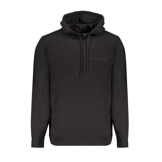 Calvin Klein Black Cotton Men Sweater with hood, featuring brushed finish, central pocket, and logo design. Eco-friendly cotton.
