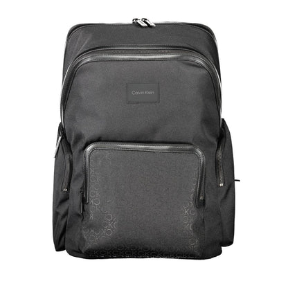 Calvin Klein Black Polyester Backpack with laptop compartment, adjustable straps, and logo, made of 95% recycled material.