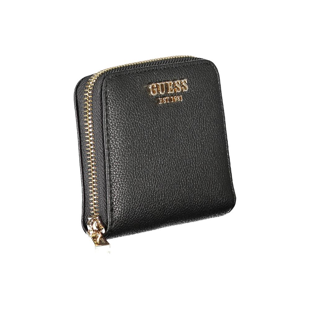 Guess Jeans Black Polyethylene Wallet with logo, zip closure, card spaces, and coin purse.