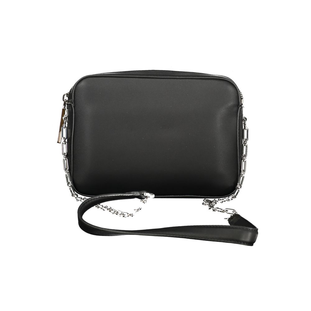 Calvin Klein Black Polyester Handbag with external pocket, internal card pocket, contrasting details, and recycled polyester material.