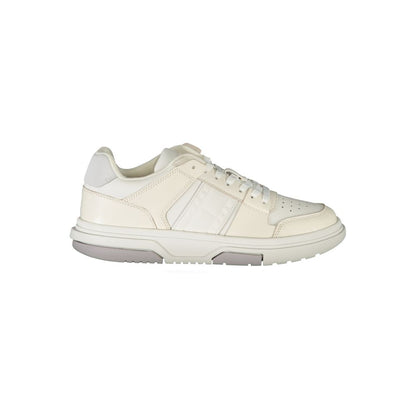 Tommy Hilfiger White Polyester Sneaker with contrast details and logo on side profile view, perfect sports footwear with laces.