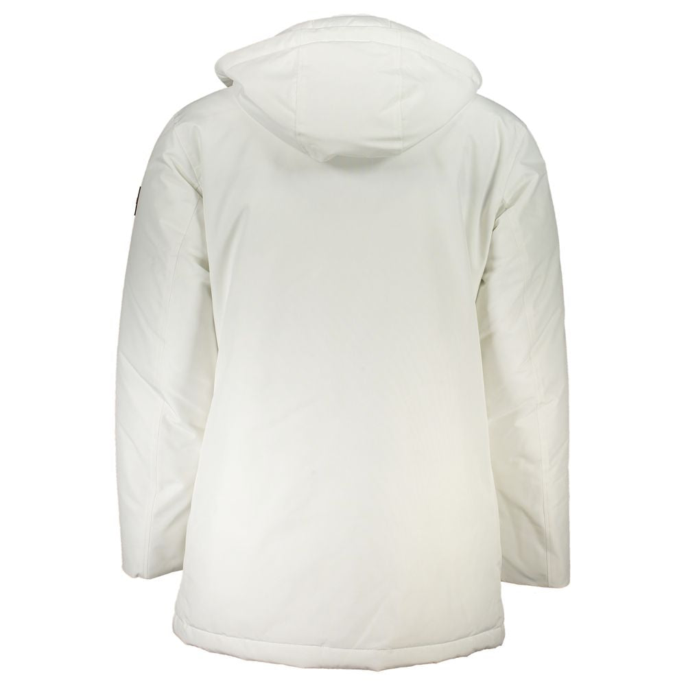 Hugo Boss White Polyamide Men's Jacket with removable hood and long sleeves, showcasing back view for style and detail.