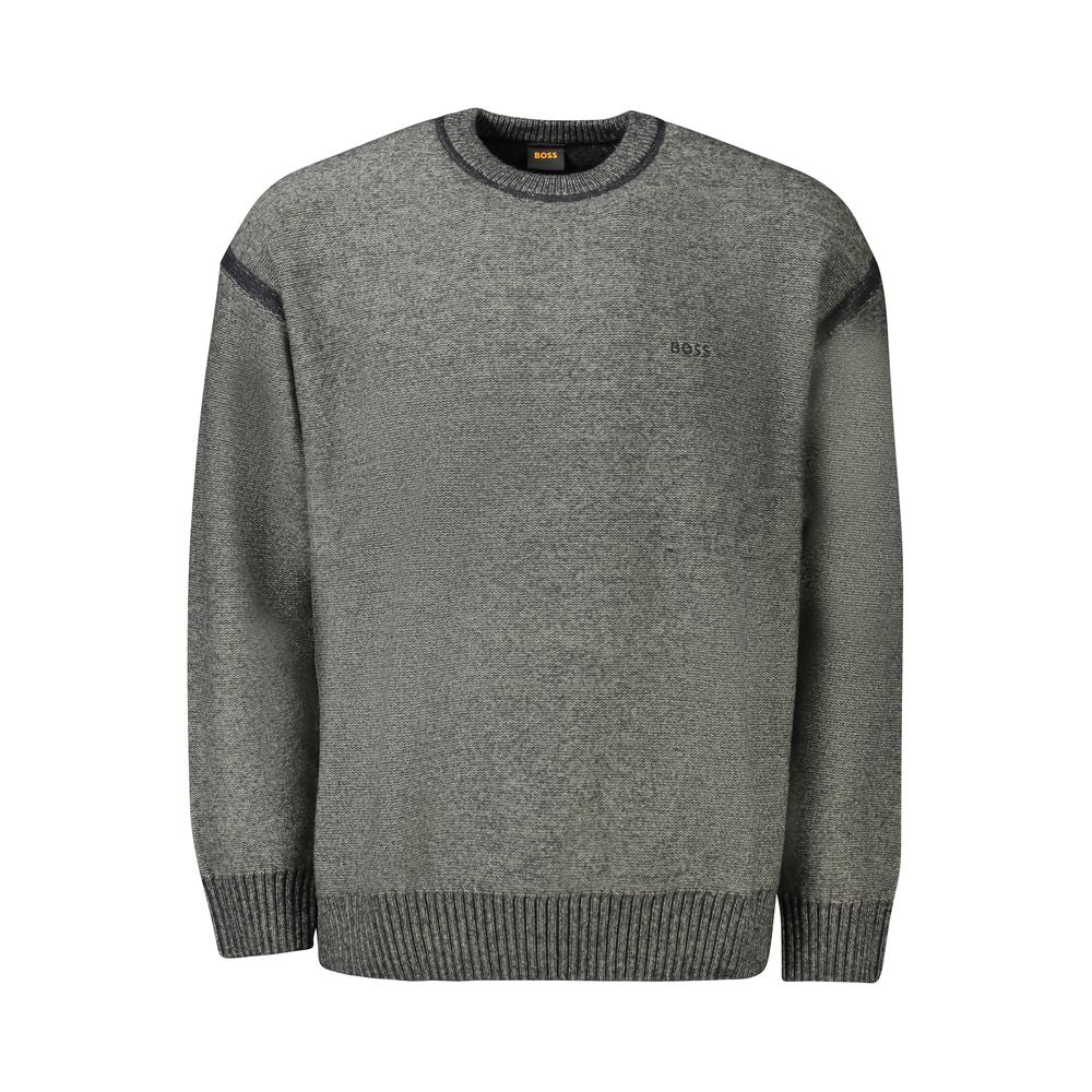 Hugo Boss Gray Wool Sweater with contrast details and embroidery logo. Long-sleeve crew neck for stylish men's fashion.