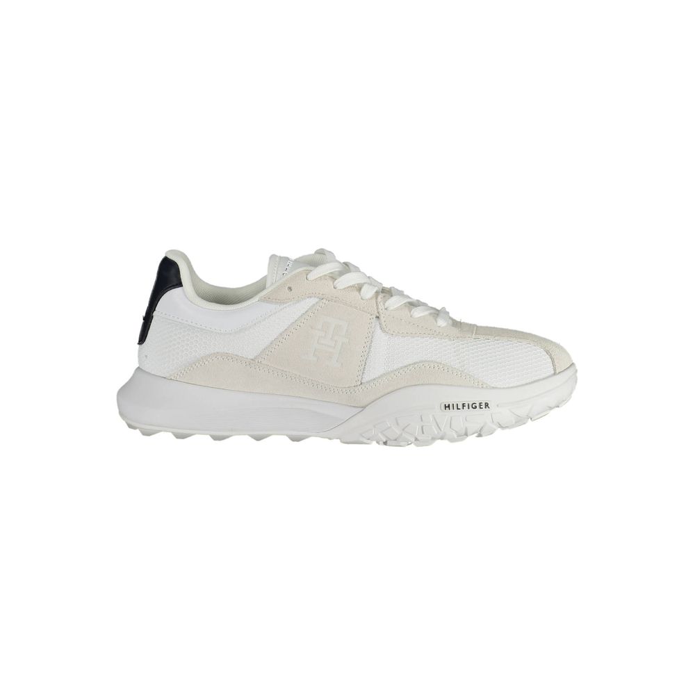 Tommy Hilfiger White Polyester Sneaker with laces, contrasting details, and logo, made from 100% recycled polyester.