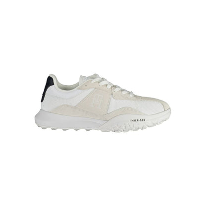 Tommy Hilfiger White Polyester Sneaker with laces, contrasting details, and logo, made from 100% recycled polyester.