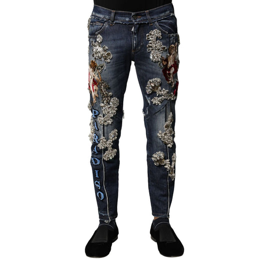 Dolce & Gabbana Blue Cotton Rhinestone Embellish Denim Jeans 1728,67345645728,Blue,Clothing,Dolce & Gabbana,IT44 | XS,Jeans & Pants - Men - Clothing,Jeans Denim - Clothing,Material: 99% Cotton 1% Elastane,Men,Men - Clothing,New with tags,Skinny Jeans - Je