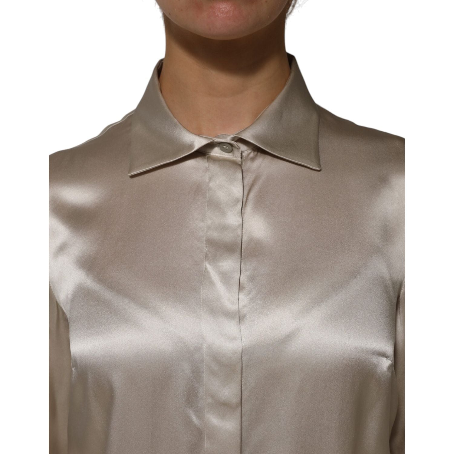 Dolce & Gabbana Beige Satin Silk Collared Long Sleeves Top