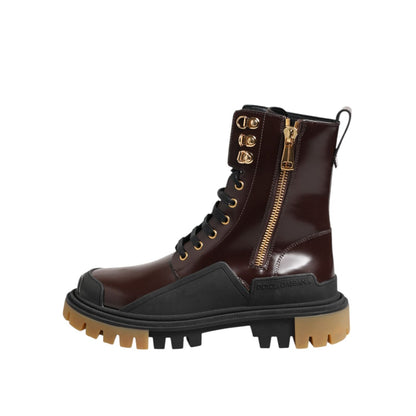 Dolce & Gabbana Brown Black Leather Boots Zipper Lace Up Shoes
