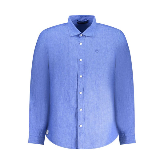 North Sails Blue Linen Shirt with Italian collar and button cuffs, featuring embroidery and logo, ocean positive design.