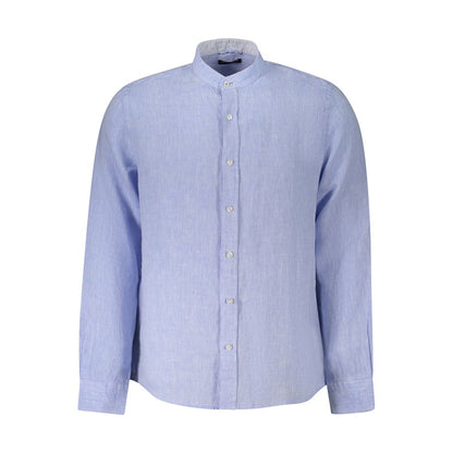 North Sails Blue Linen Shirt with long sleeves, Korean collar, button cuffs, and embroidery logo. Ocean Positive design.