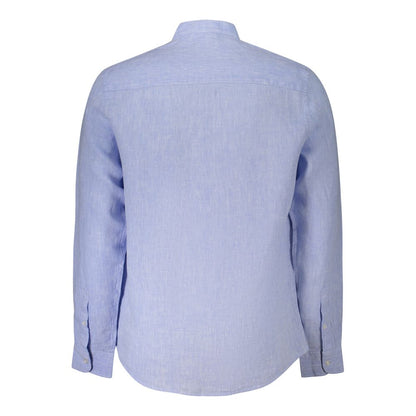 Back view of North Sails Blue Linen Shirt showcasing long sleeves and Korean collar.