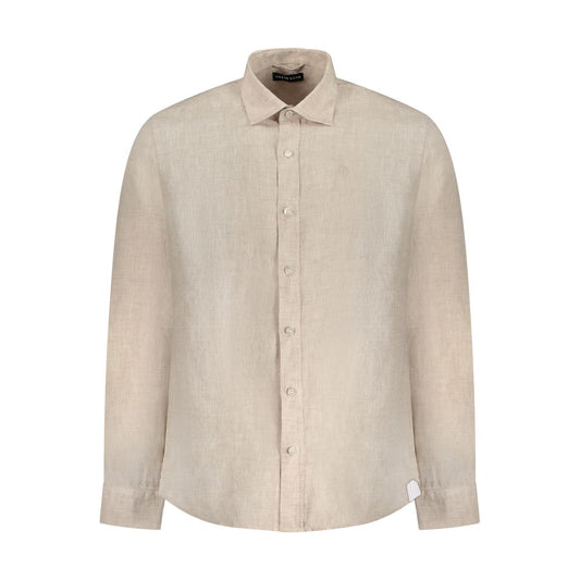 North Sails Beige Linen Shirt with Italian collar and logo embroidery, long sleeves, 1 button cuffs. A stylish ocean positive garment.
