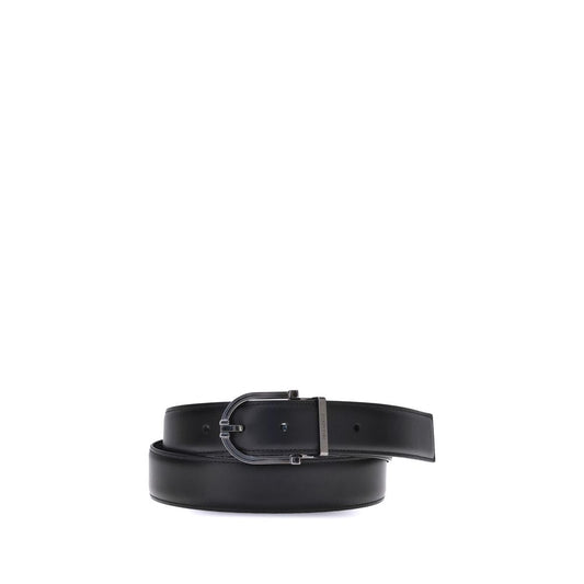 Ferragamo Black Calf Leather Bos Taurus Belt with geometric buckle and reversible design