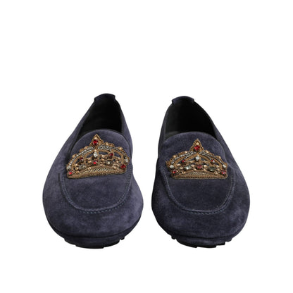 Dolce & Gabbana Blue Suede Crown Crystal Loafers Dress Shoes