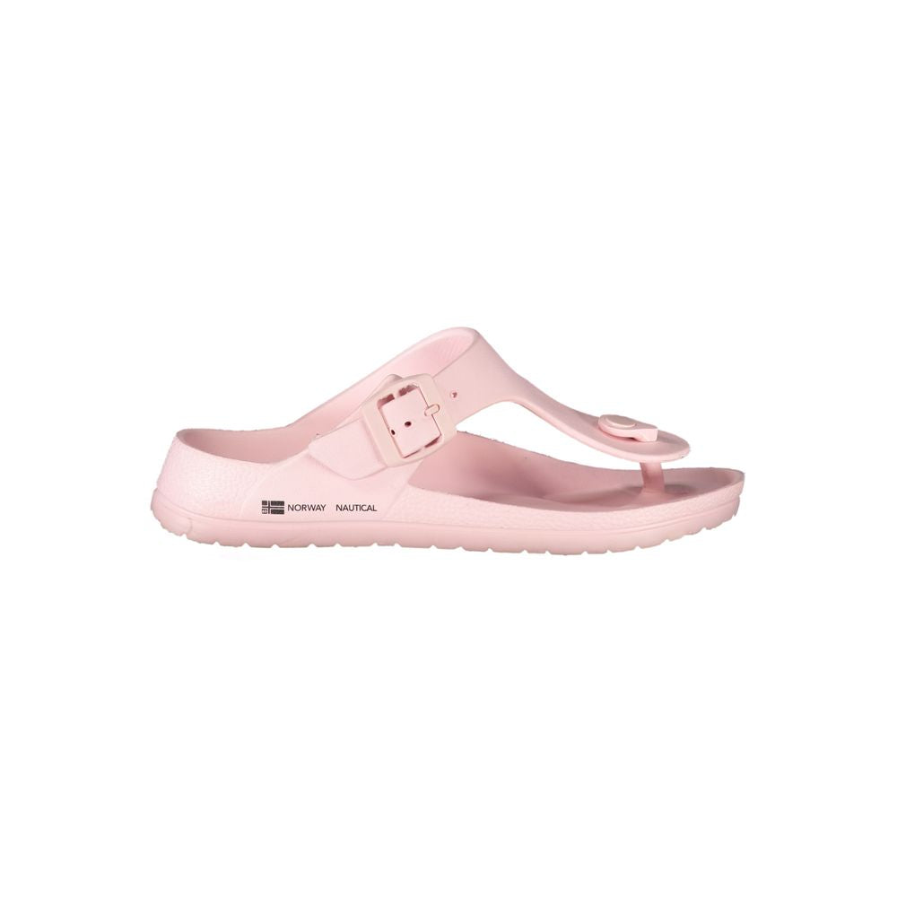 Norway 1963 Pink Plastic Women Sandal with adjustable buckle and logo on pink flip-flop, ideal for summer fashion.