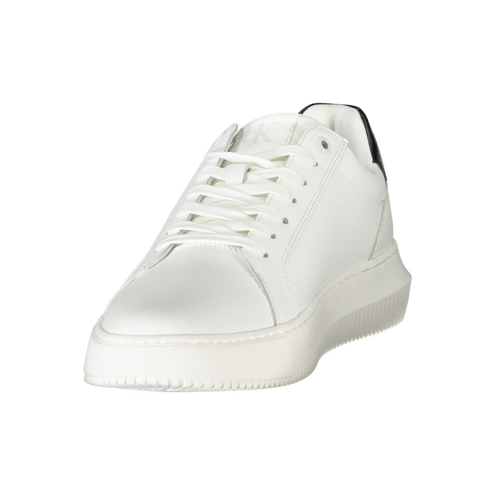 Calvin Klein White Leather Men Sneaker with black accents and lace-up design for modern street style.