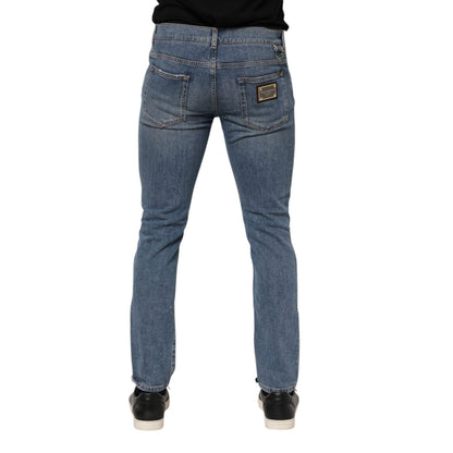 Dolce & Gabbana Blue Cotton Tattered Skinny Logo Denim Jeans