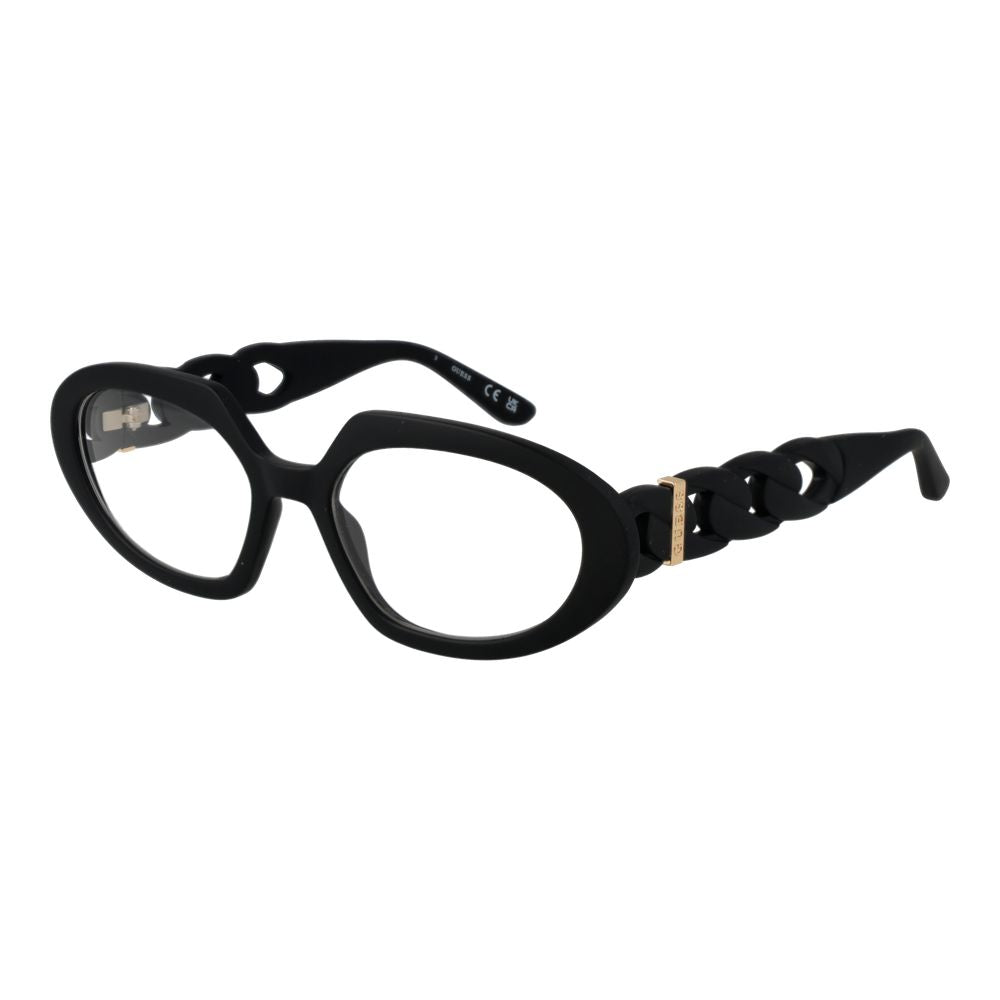 Guess Black Women Glasses Frame, full-rim oval style with black plastic material, size 54-18-135, includes branded case.