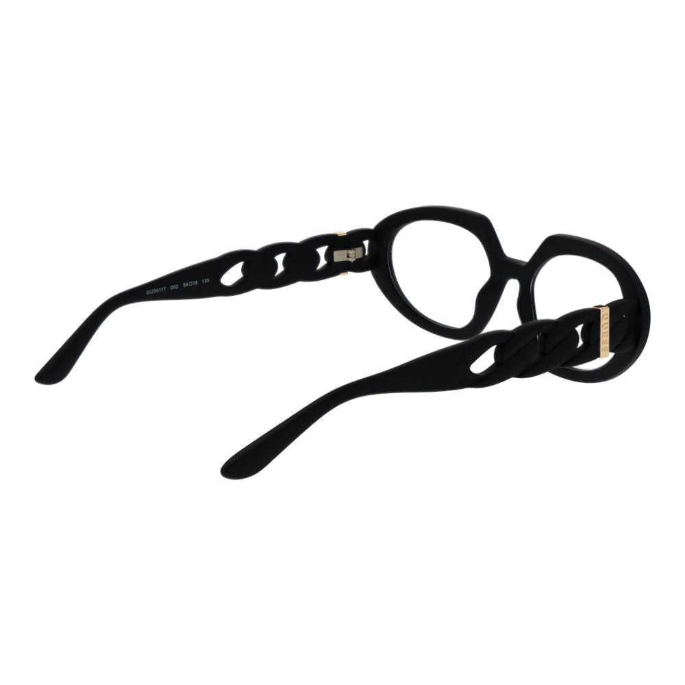 Guess Black Women Glasses Frame with full-rim style, black plastic frame, oval design, demo lenses, includes branded case.