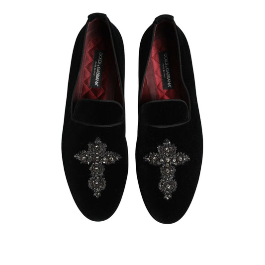 Dolce & Gabbana Black Velvet Crystal Crown Formal Dress Shoes