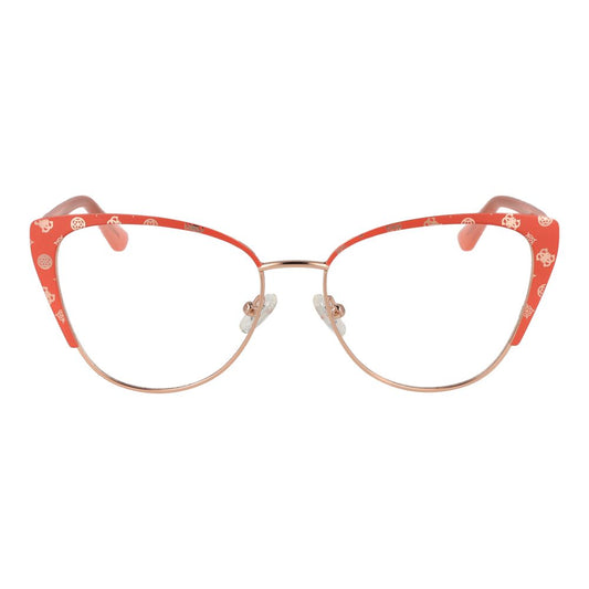 Guess Orange Women Glasses Frame, cat eye style with full-rim metal frame and demo lenses, size 53-16-145, includes branded case.