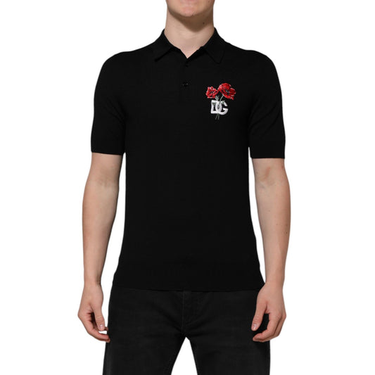 Dolce & Gabbana Black Wool DG Logo Rose Collared Polo T-shirt