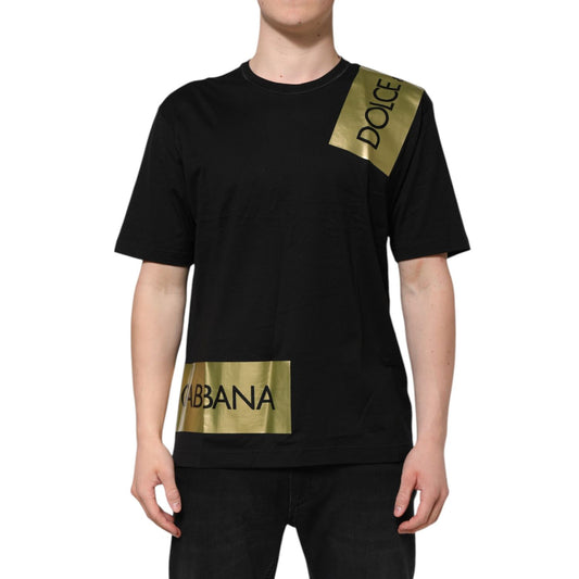 Dolce & Gabbana Black Logo Tape Cotton Men Crew Neck T-shirt