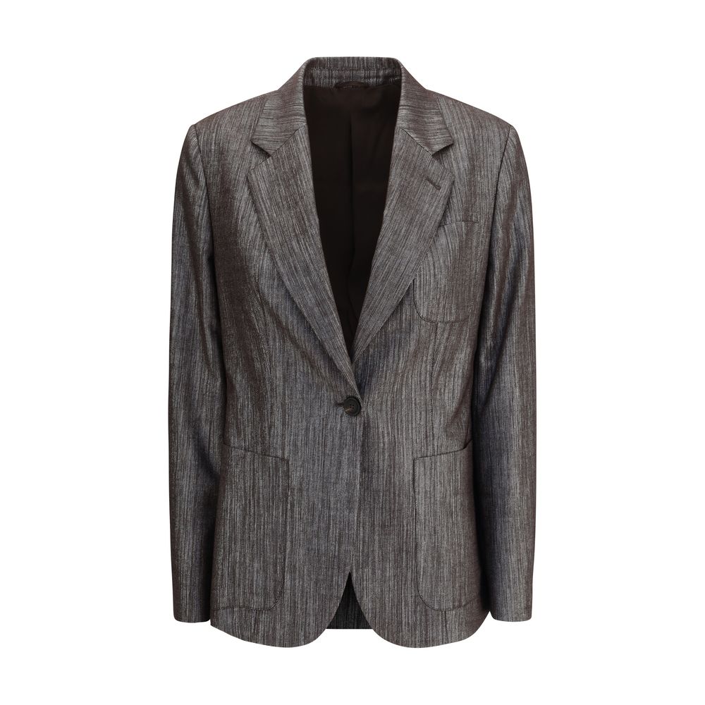 Brunello Cucinelli Yellow Polyester Blazer with button closure and classic lapels, featuring a discreet shine and two front patch pockets.