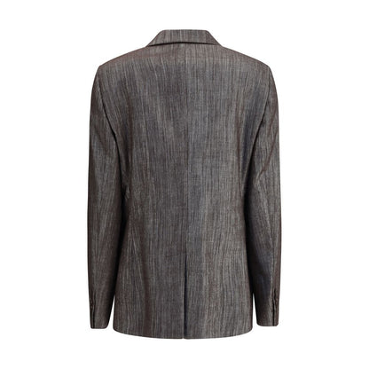 Back view of Brunello Cucinelli Yellow Polyester Blazer highlighting classic tailoring and comfortable back slit.