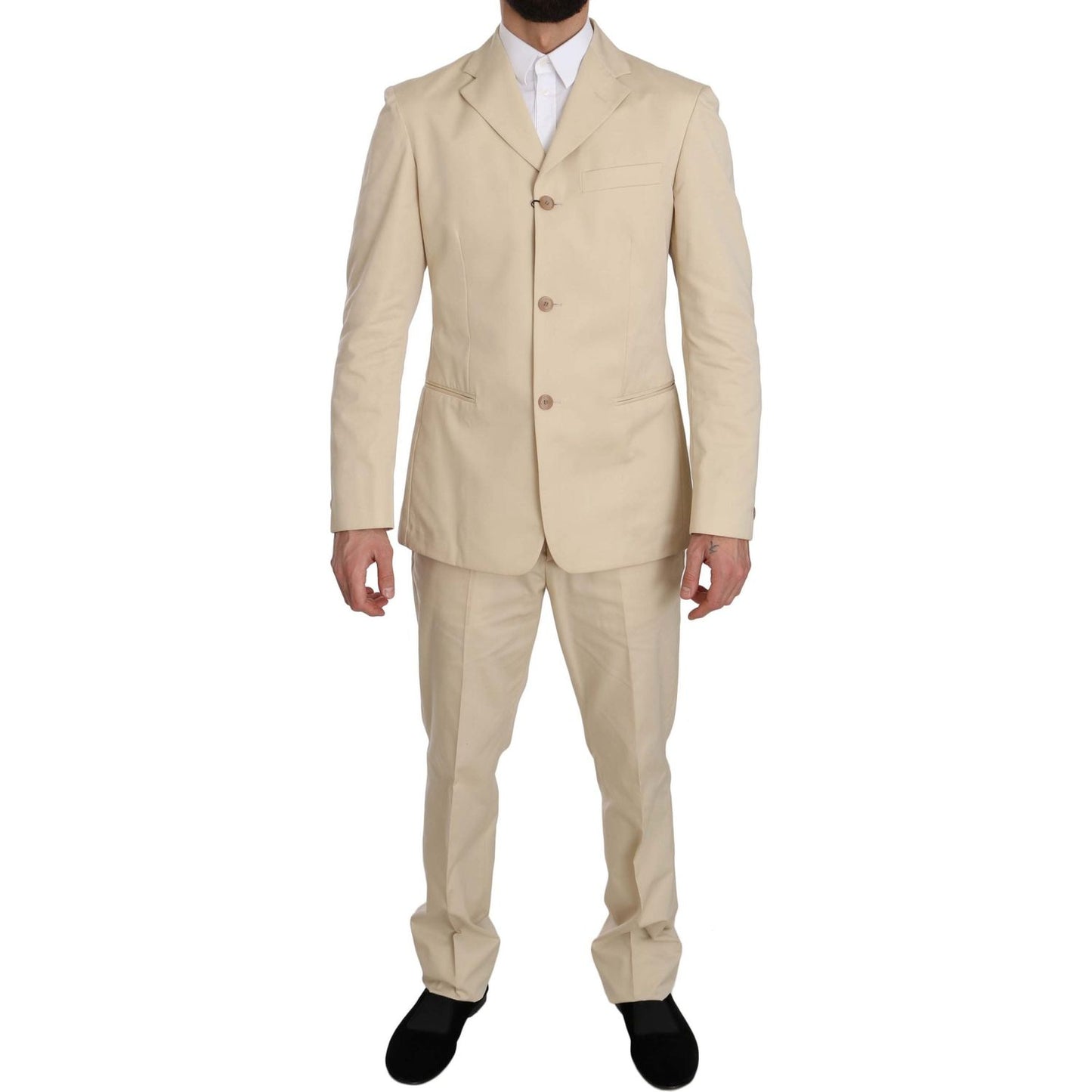 Romeo Gigli Two Piece 3 Button Beige Cotton Solid Suit Suit