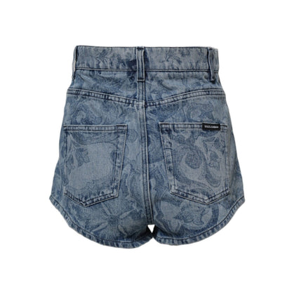 Dolce & Gabbana Blue Floral Print Denim Cotton Hot Pants Shorts