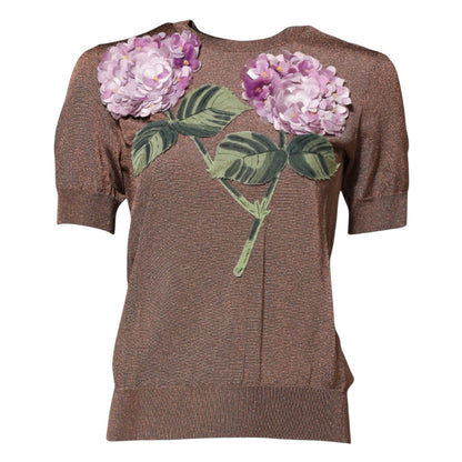Dolce & Gabbana Brown Lily Embellished Round Neck Blouse Top