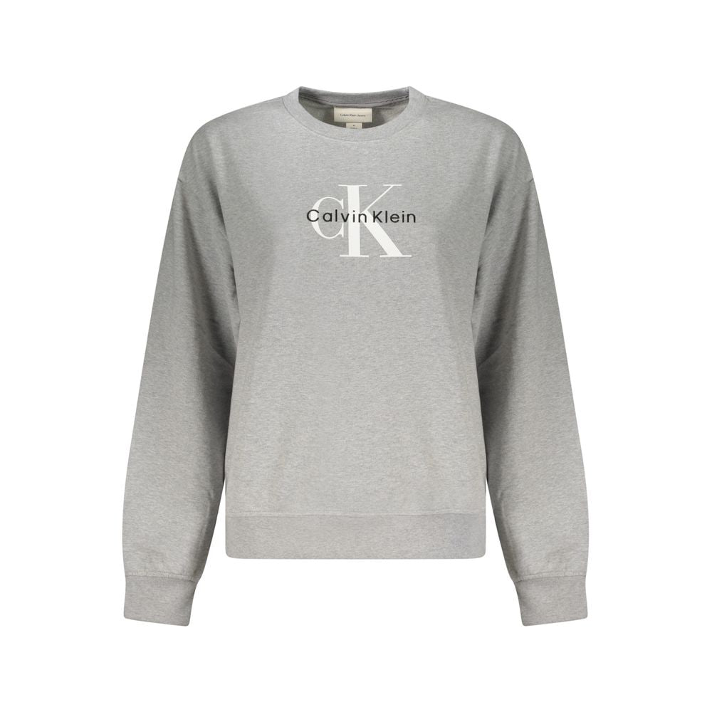 Calvin Klein Gray Cotton Women Sweater with logo, long sleeves, featuring brushed texture and eco-friendly materials.