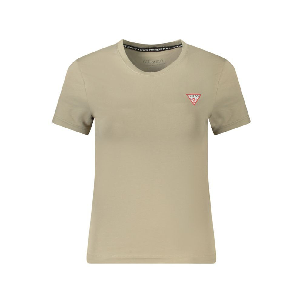 Guess Jeans Beige Cotton Women T-Shirt with logo, wide neck, made from organic cotton and spandex for comfort and sustainability.