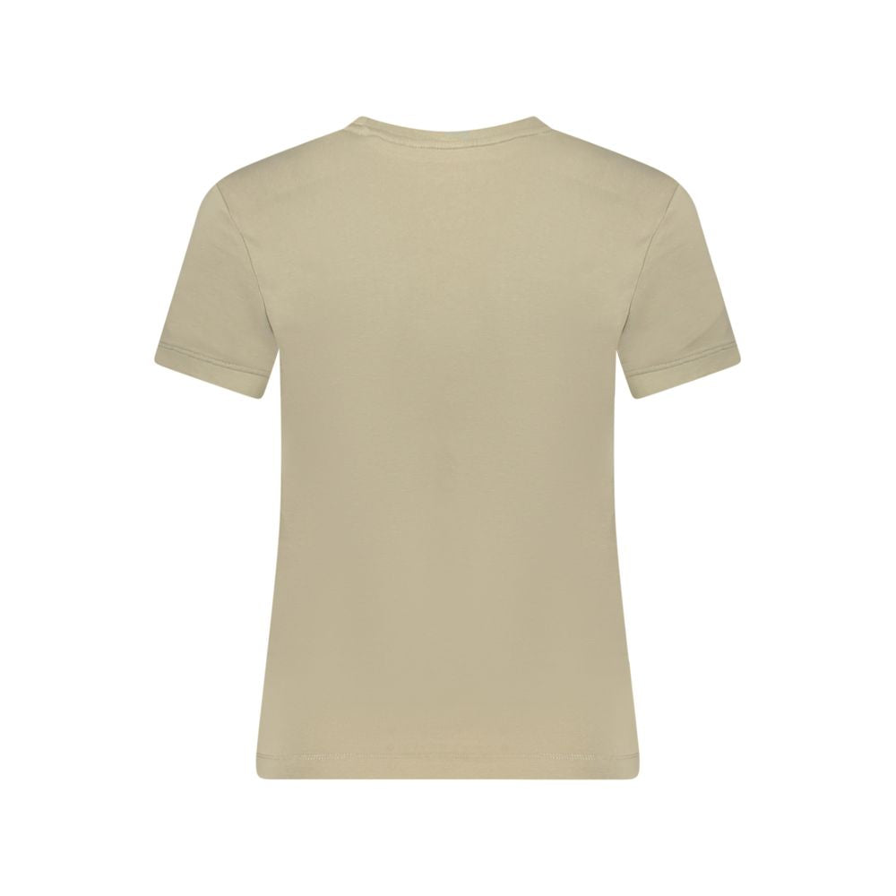 Back view of Guess Jeans Beige Cotton Women T-Shirt with wide neck and logo, crafted from organic cotton and spandex for comfort and style.