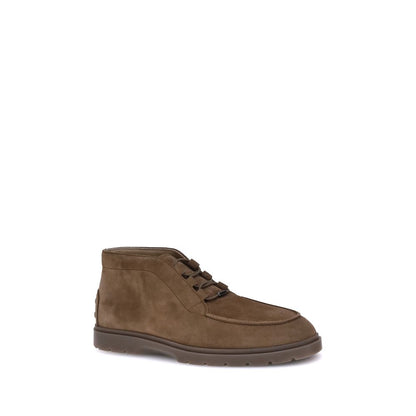 Tod's Brown Calf Leather Bos Taurus Lace-Up Boots with embossed logo and rubber sole for sophisticated casual style.
