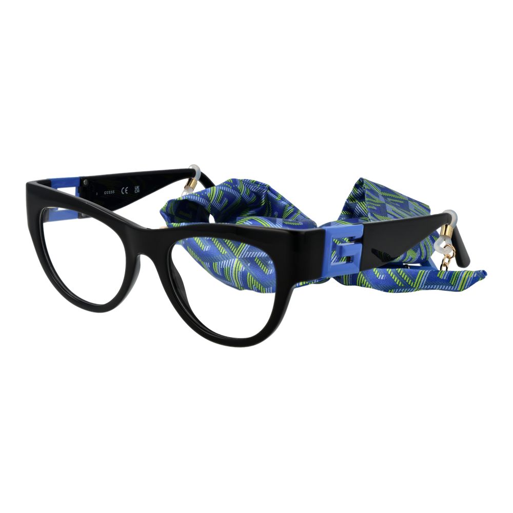 Guess Black Women Glasses Frame in cat eye style with black plastic full-rim design, includes branded case and eyewear chain.