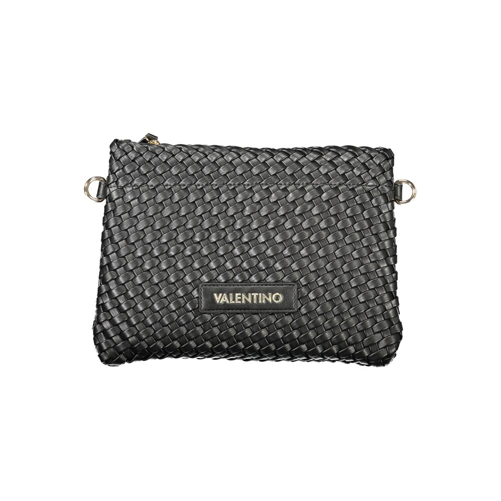 Mario Valentino Black Polyethylene Women Handbag with woven design and logo, featuring a zip closure and shoulder strap attachments.