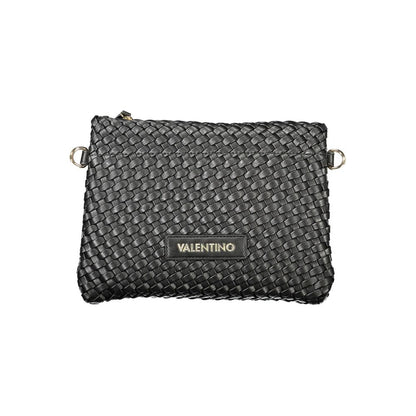 Mario Valentino Black Polyethylene Women Handbag with woven design and logo, featuring a zip closure and shoulder strap attachments.