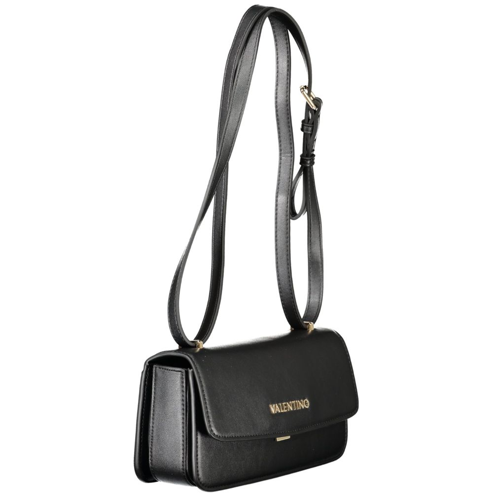 Mario Valentino Black Polyethylene Women Handbag with shoulder strap and gold logo, featuring external and internal pockets.