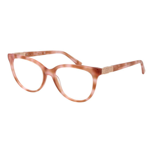 Guess Beige Women Glasses Frame in full-rim butterfly style, plastic material, spring hinge, size 52-16-140, with branded case included.
