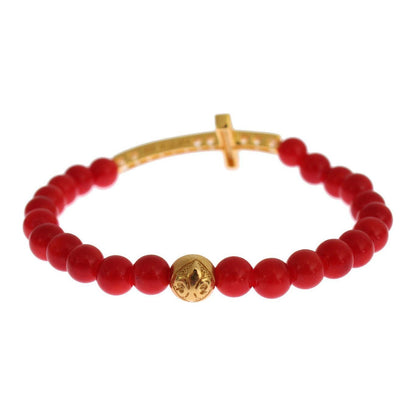 Nialaya Red Coral Gold CZ Cross 925 Silver Bracelet Bracelet