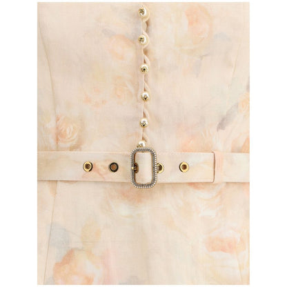 Zimmermann Multicolor Linen Casual Dress with floral design, pearl buttons, and adjustable belt for an elegant look.
